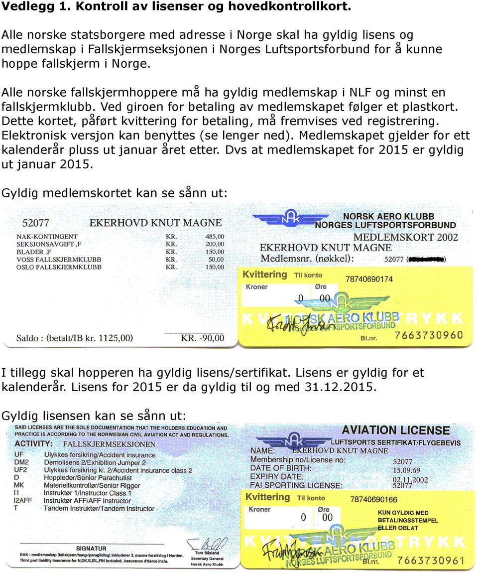 Alle norske fallskjermhoppere må ha gyldig medlemskap i NLF og minst en fallskjermklubb. Ved giroen for betaling av medlemskapet følger et plastkort.