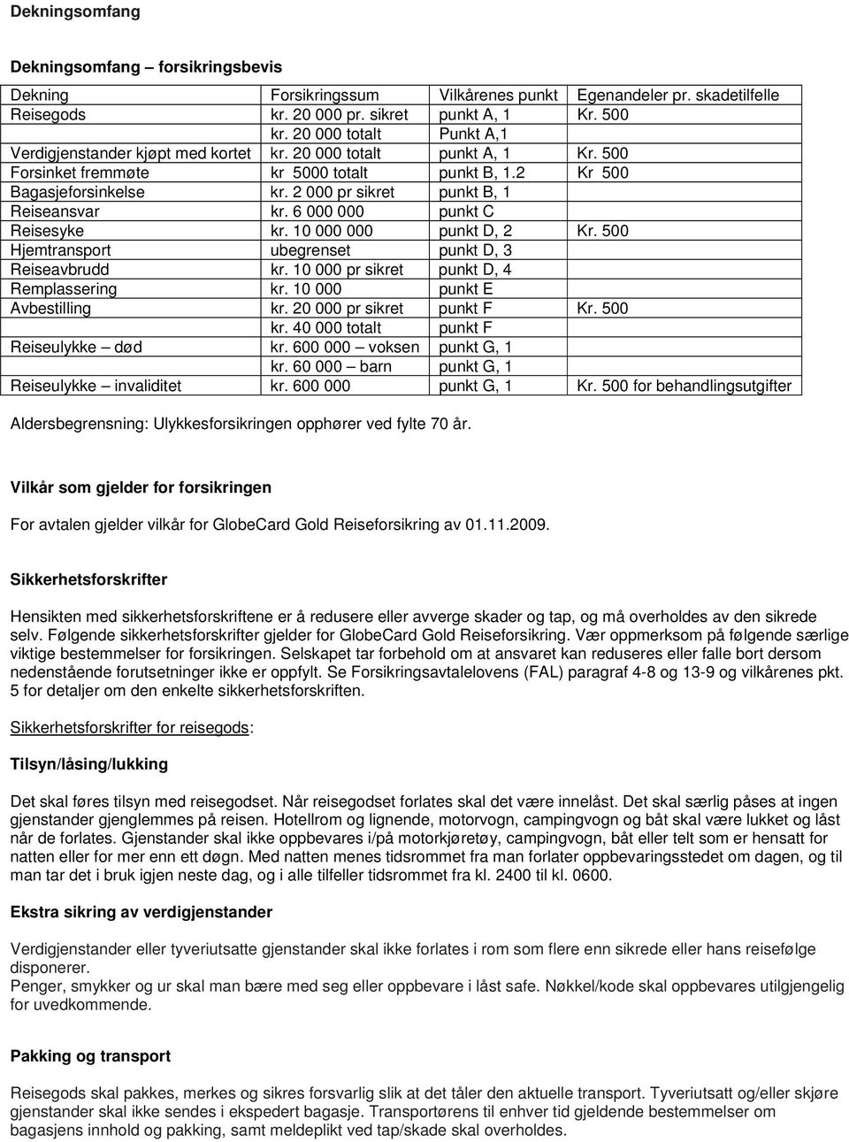 2 000 pr sikret punkt B, 1 Reiseansvar kr. 6 000 000 punkt C Reisesyke kr. 10 000 000 punkt D, 2 Kr. 500 Hjemtransport ubegrenset punkt D, 3 Reiseavbrudd kr.