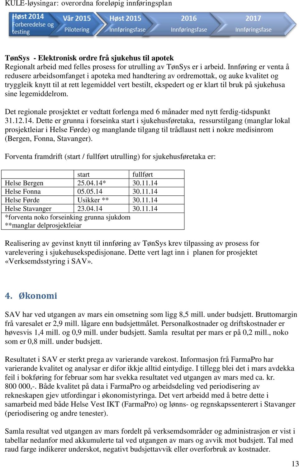 sjukehusa sine legemiddelrom. Det regionale prosjektet er vedtatt forlenga med 6 månader med nytt ferdig-tidspunkt 31.12.14.