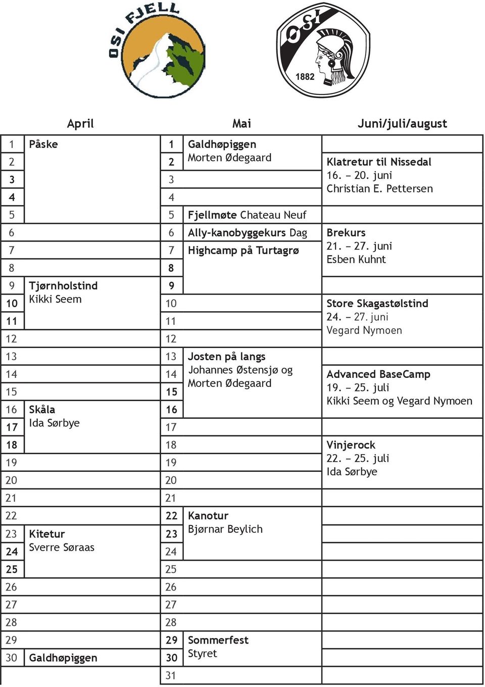 juni Esben Kuhnt 8 8 9 Tjørnholstind 9 10 Kikki Seem 10 Store Skagastølstind 11 11 24. 27.