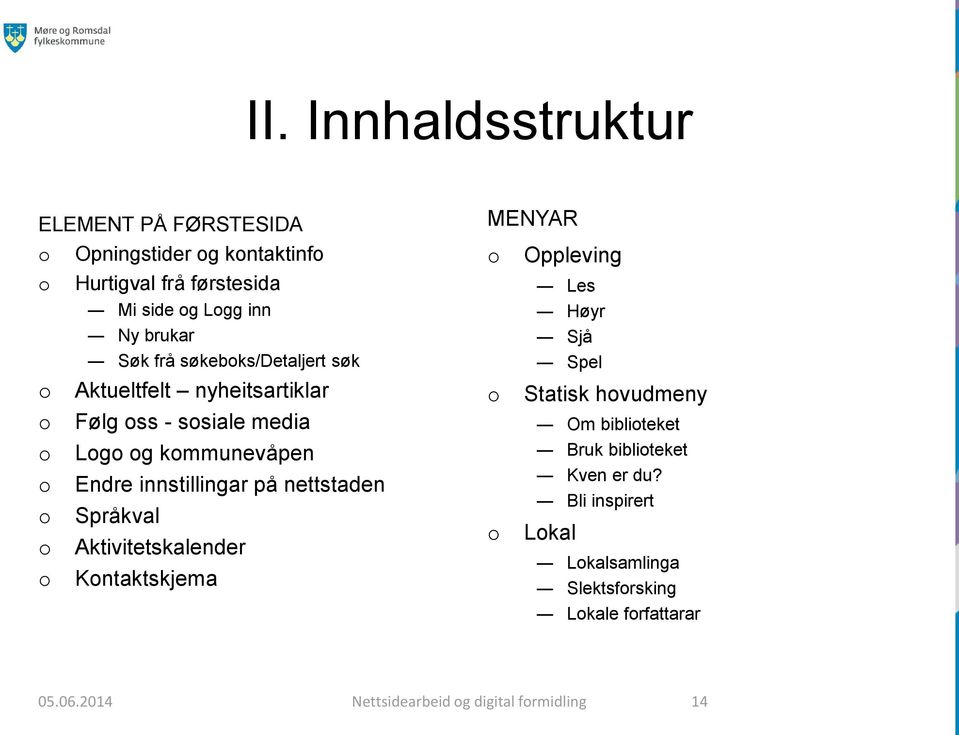 nettstaden o Språkval o Aktivitetskalender o Kontaktskjema MENYAR o Oppleving Les Høyr Sjå Spel o Statisk hovudmeny o Lokal Om