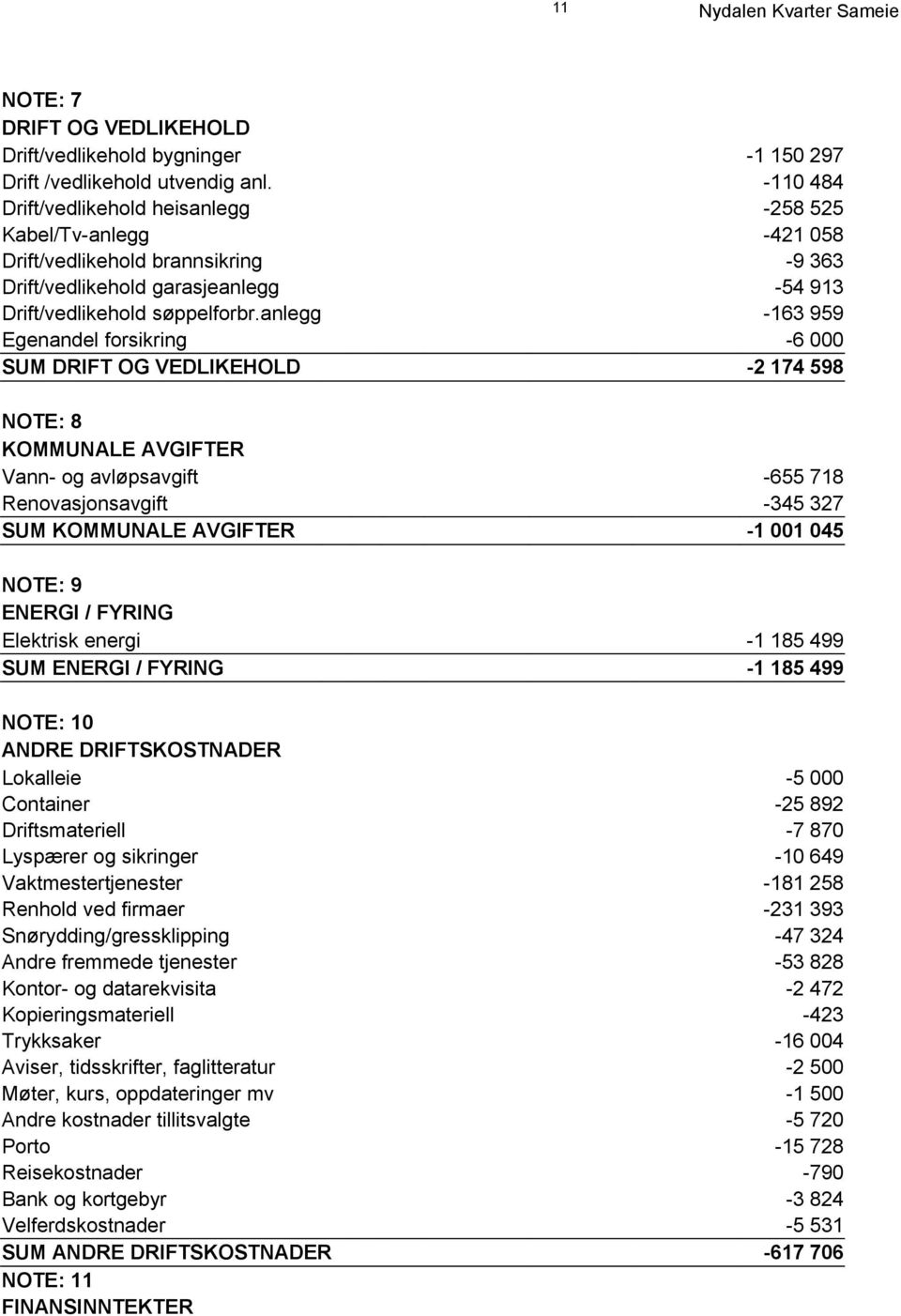 anlegg -163 959 Egenandel forsikring -6 000 SUM DRIFT OG VEDLIKEHOLD -2 174 598 NOTE: 8 KOMMUNALE AVGIFTER Vann- og avløpsavgift -655 718 Renovasjonsavgift -345 327 SUM KOMMUNALE AVGIFTER -1 001 045