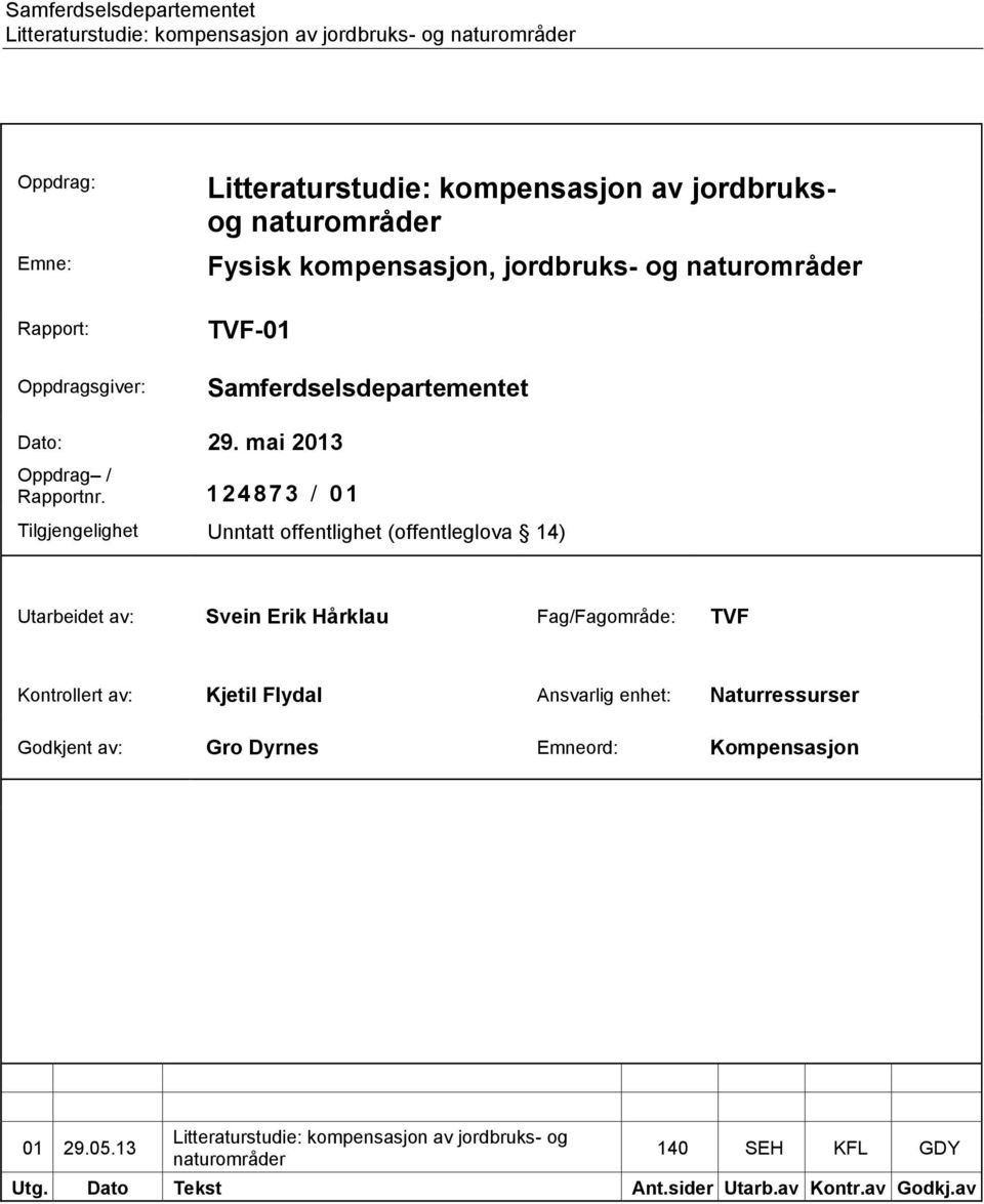 1 2 4 8 7 3 / 01 Tilgjengelighet Unntatt offentlighet (offentleglova 14) Utarbeidet av: Svein Erik Hårklau Fag/Fagområde: TVF Kontrollert av: Kjetil Flydal
