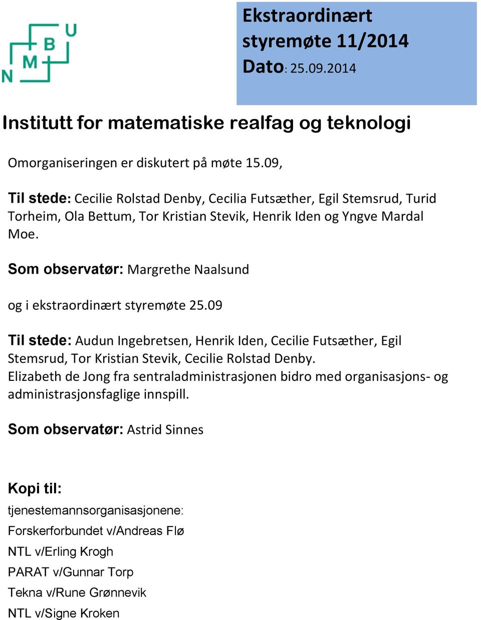 Som observatør: Margrethe Naalsund og i ekstraordinært styremøte 25.09 Til stede: Audun Ingebretsen, Henrik Iden, Cecilie Futsæther, Egil Stemsrud, Tor Kristian Stevik, Cecilie Rolstad Denby.