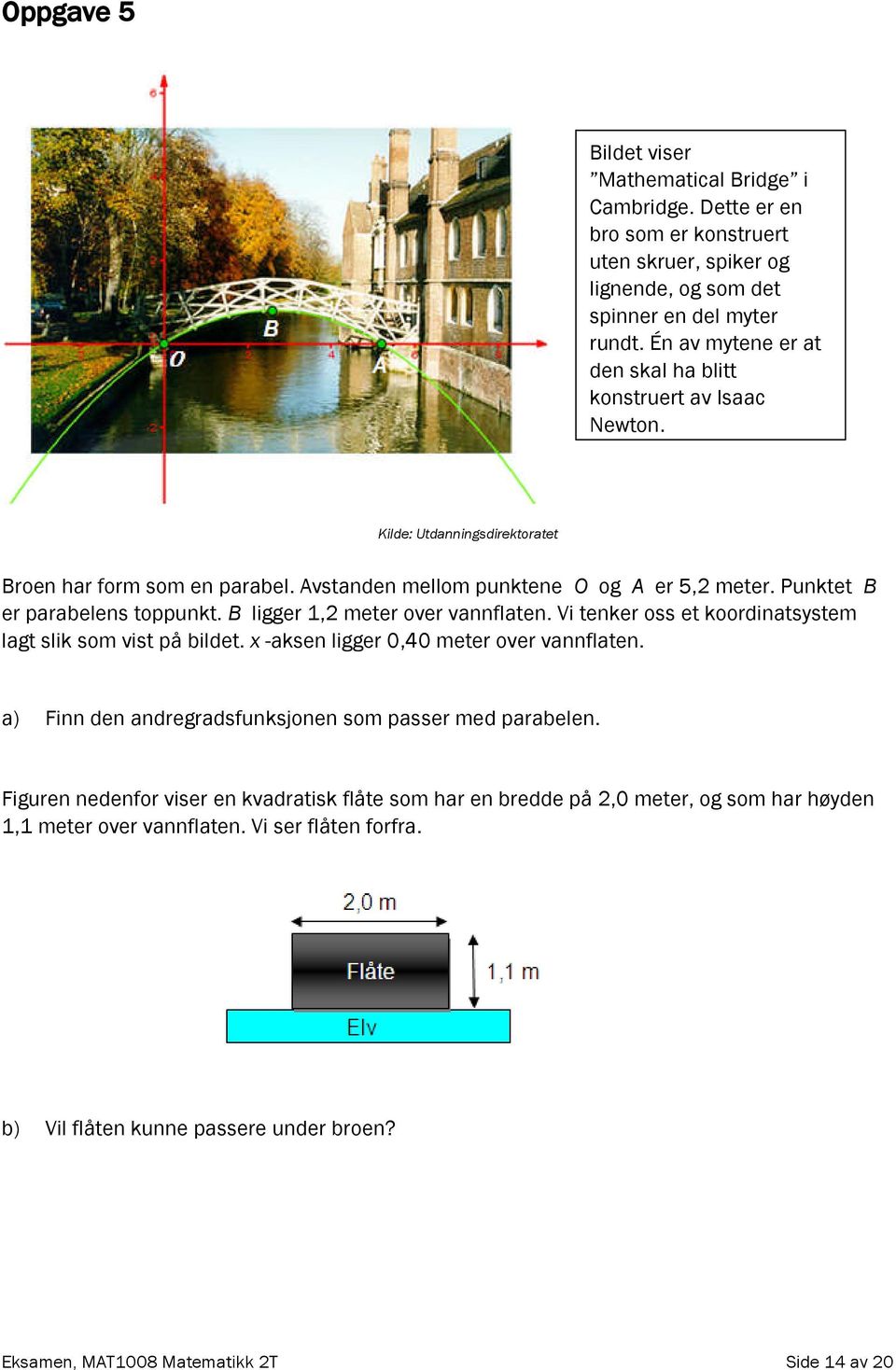 Punktet B er parabelens toppunkt. B ligger 1, meter over vannflaten. Vi tenker oss et koordinatsystem lagt slik som vist på bildet. x -aksen ligger 0,40 meter over vannflaten.