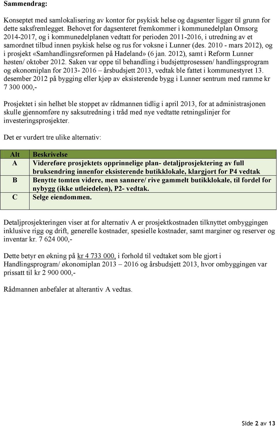 Lunner (des. 2010 - mars 2012), og i prosjekt «Samhandlingsreformen på Hadeland» (6 jan. 2012), samt i Reform Lunner høsten/ oktober 2012.