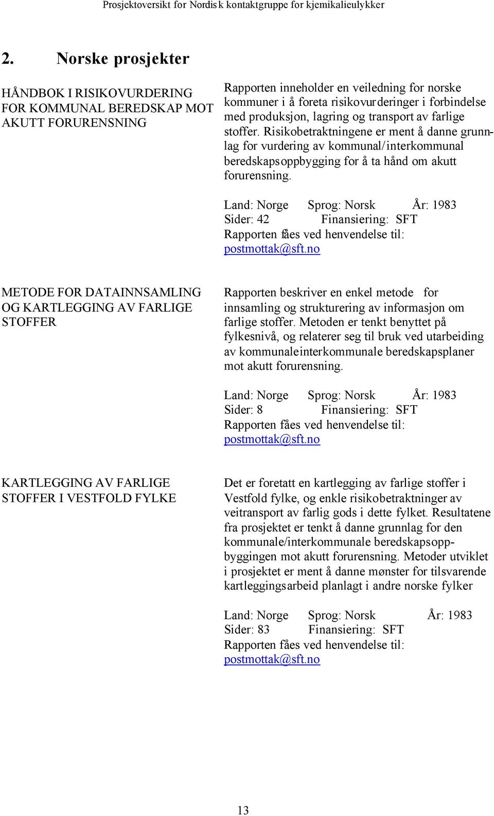 Land: Norge Sprog: Norsk År: 1983 Sider: 42 Finansiering: SFT METODE FOR DATAINNSAMLING OG KARTLEGGING AV FARLIGE STOFFER Rapporten beskriver en enkel metode for innsamling og strukturering av