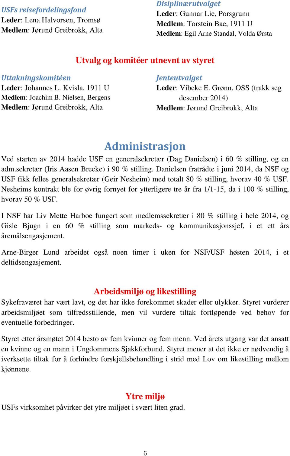 Grønn, OSS (trakk seg desember 2014) Medlem: Jørund Greibrokk, Alta Administrasjon Ved starten av 2014 hadde USF en generalsekretær (Dag Danielsen) i 60 % stilling, og en adm.