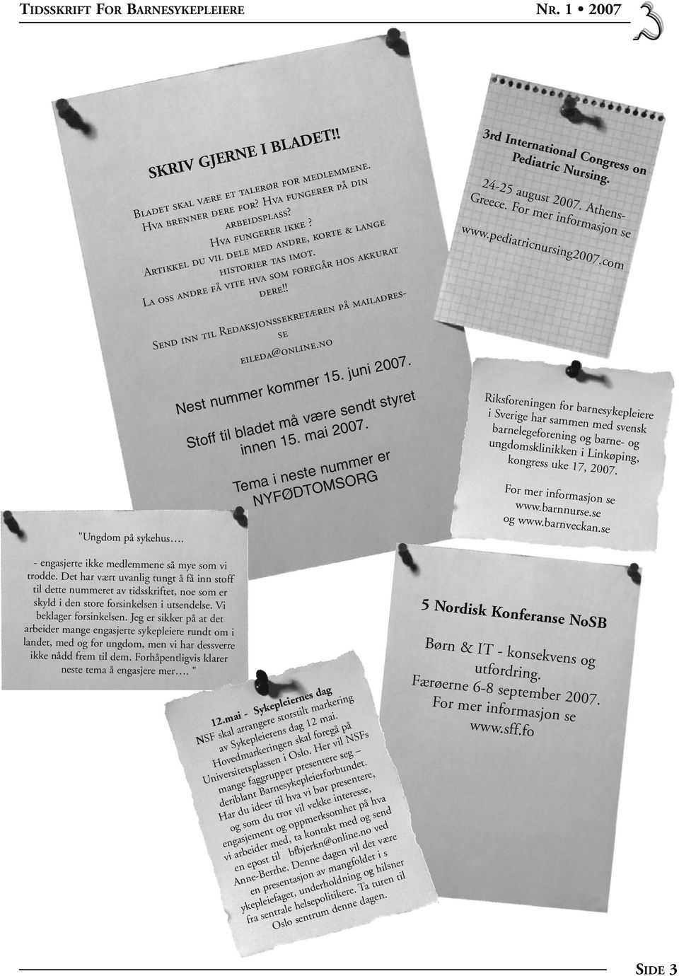 no Nest nummer kommer 15. juni 2007. Stoff til bladet må være sendt styret innen 15. mai 2007. Tema i neste nummer er NYFØDTOMSORG 3rd International Congress on Pediatric Nursing. 24-25 august 2007.