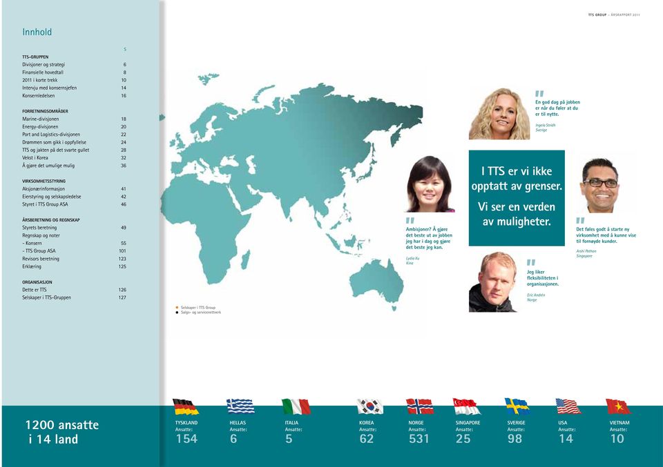 NORGE Marine-divisjonen 18 Energy-divisjonen 20 Port and Logistics-divisjonen 22 24 Drømmen som gikk i oppfyllelse CANADA Edmonton TTS og jakten på det svarte gullet 28 Vekst i Korea 32 36 Å gjøre