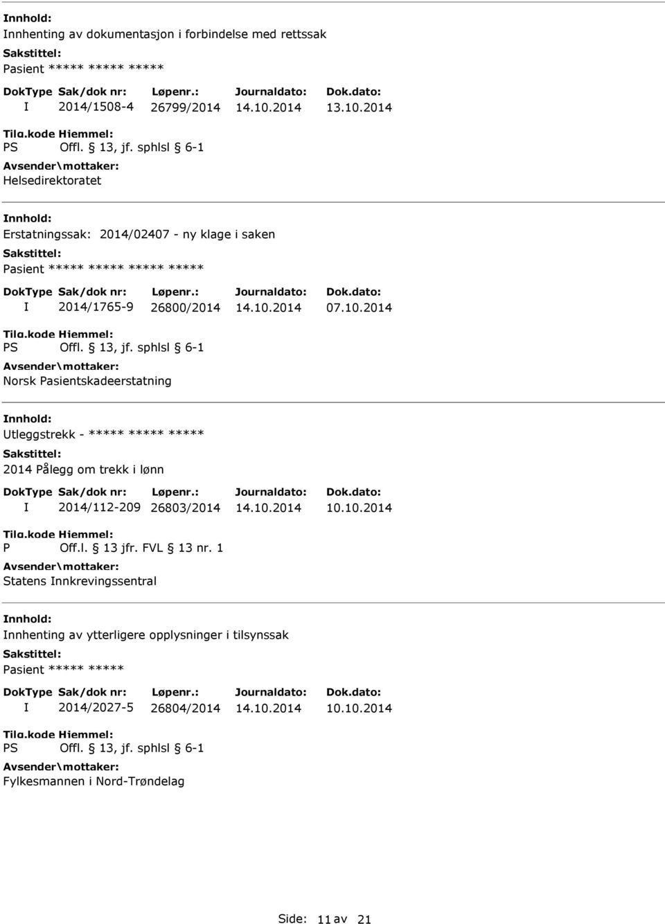 Pasientskadeerstatning 07.10.2014 tleggstrekk - ***** ***** ***** 2014 Pålegg om trekk i lønn P 2014/112-209 26803/2014 Off.l. 13 jfr.