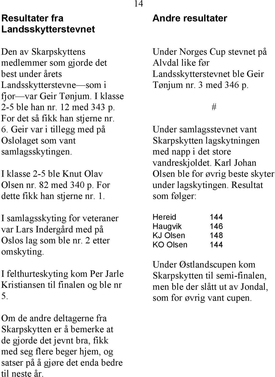 I samlagsskyting for veteraner var Lars Indergård med på Oslos lag som ble nr. 2 etter omskyting. I felthurteskyting kom Per Jarle Kristiansen til finalen og ble nr 5.