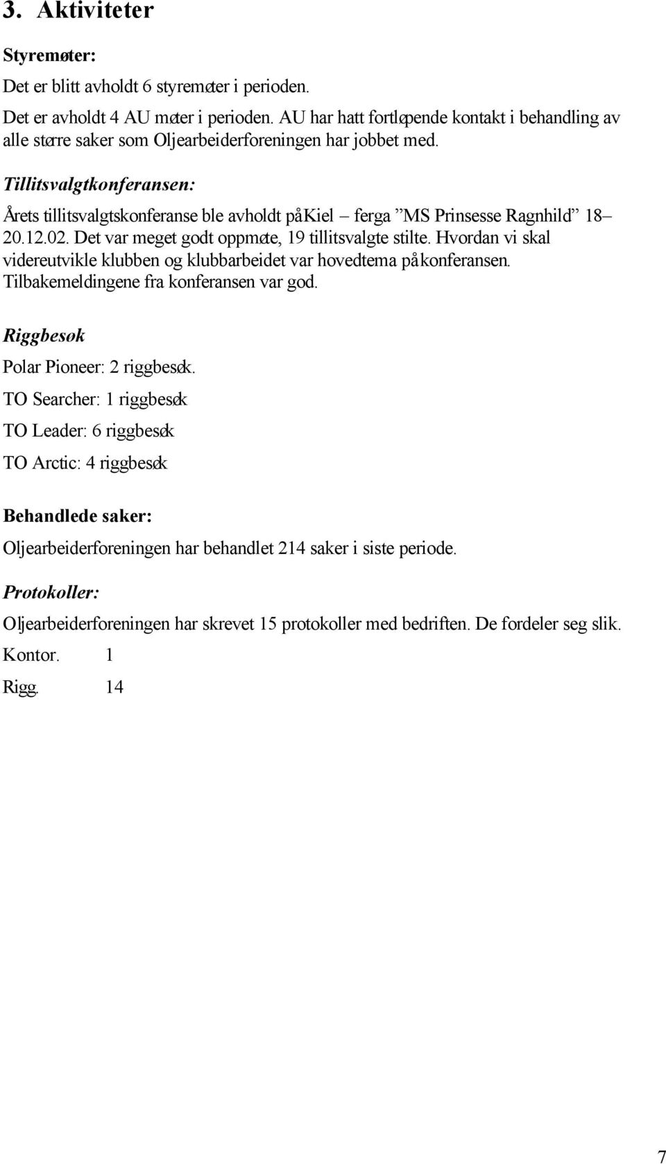 Tillitsvalgtkonferansen: Årets tillitsvalgtskonferanse ble avholdt på Kiel ferga MS Prinsesse Ragnhild 18 20.12.02. Det var meget godt oppmøte, 19 tillitsvalgte stilte.