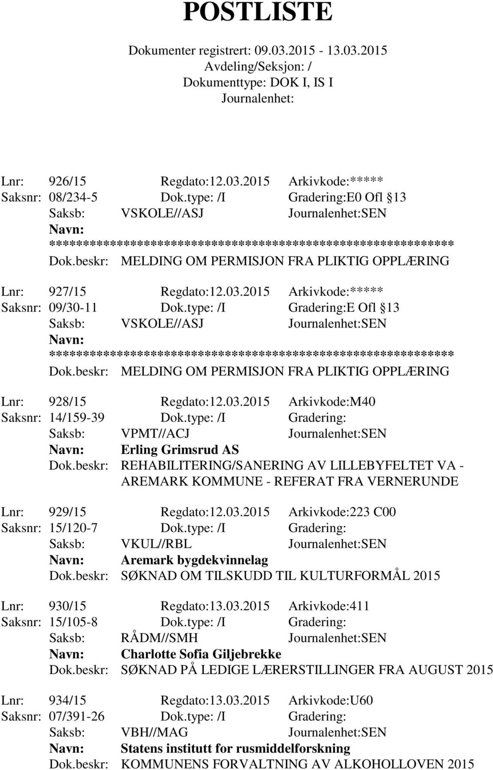 type: /I Gradering: Saksb: VPMT//ACJ SEN Erling Grimsrud AS Dok.beskr: REHABILITERING/SANERING AV LILLEBYFELTET VA - AREMARK KOMMUNE - REFERAT FRA VERNERUNDE Lnr: 929/15 Regdato:12.03.