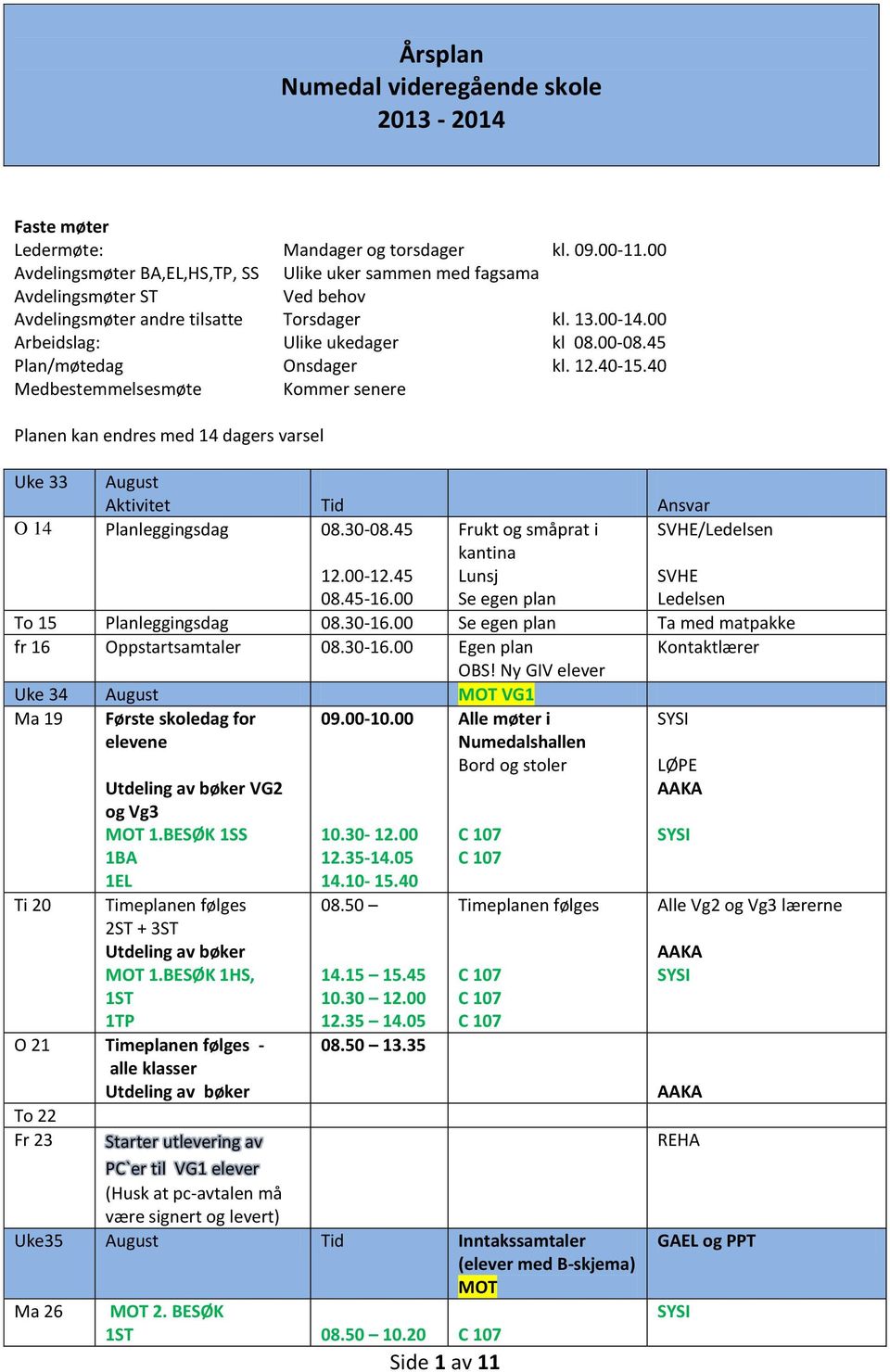 00 Arbeidslag: Ulike ukedager kl Plan/møtedag Onsdager kl. Medbestemmelsesmøte Kommer senere Planen kan endres med 14 dagers varsel Uke 33 August Aktivitet Tid O 14 Planleggingsdag 08.30-08.45 12.