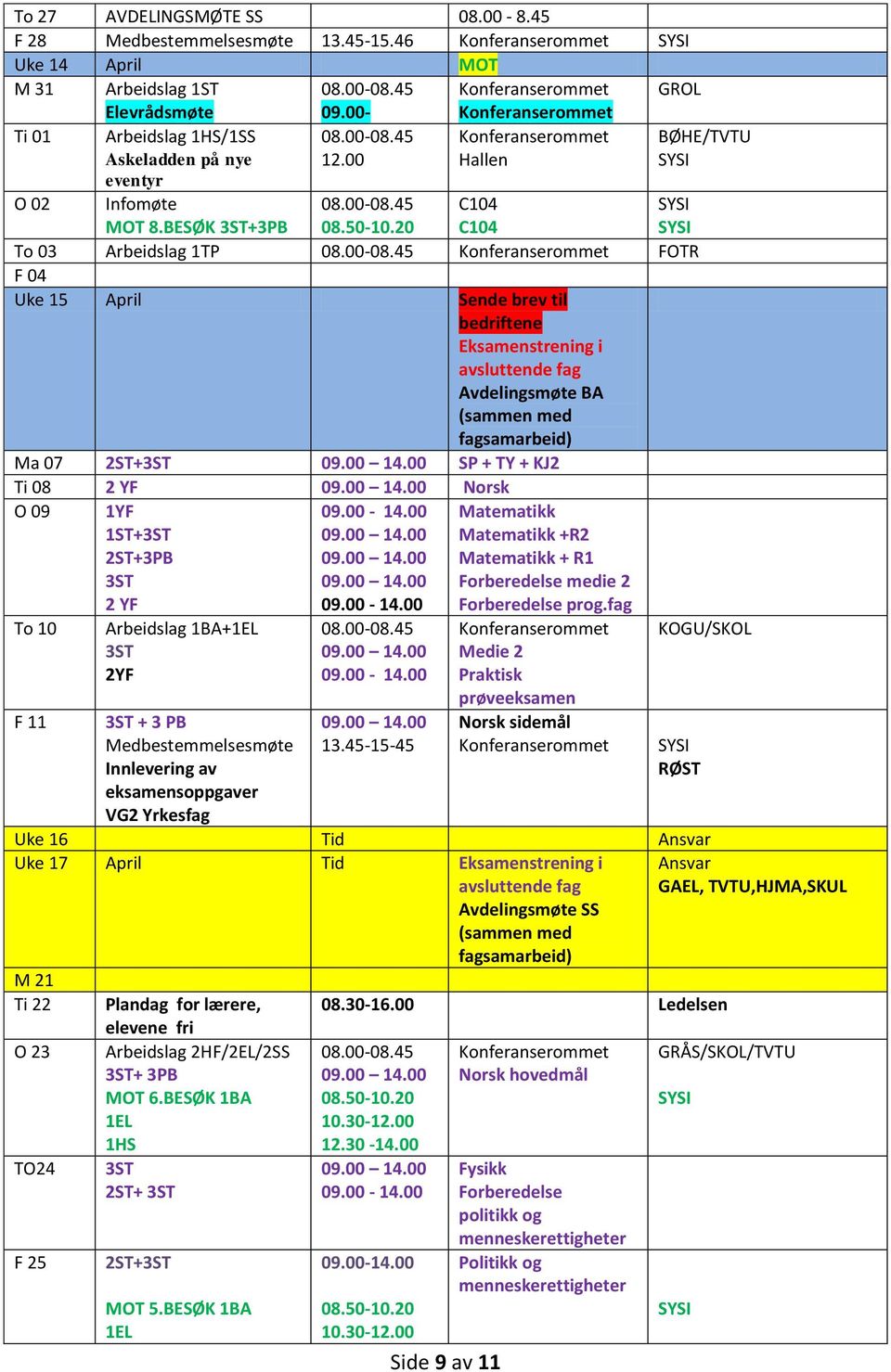 00 Side 9 av 11 Hallen BØHE/TVTU O 02 C104 C104 To 03 Arbeidslag 1TP FOTR F 04 Uke 15 April Sende brev til Eksamenstrening i avsluttende fag Avdelingsmøte BA Ma 07 2ST+3ST SP + TY + KJ2 Ti 08 2 YF