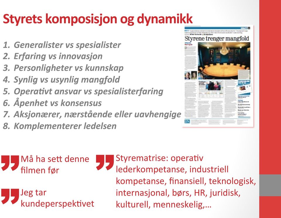 Åpenhet vs konsensus 7. Aksjonærer, nærstående eller uavhengige 8.