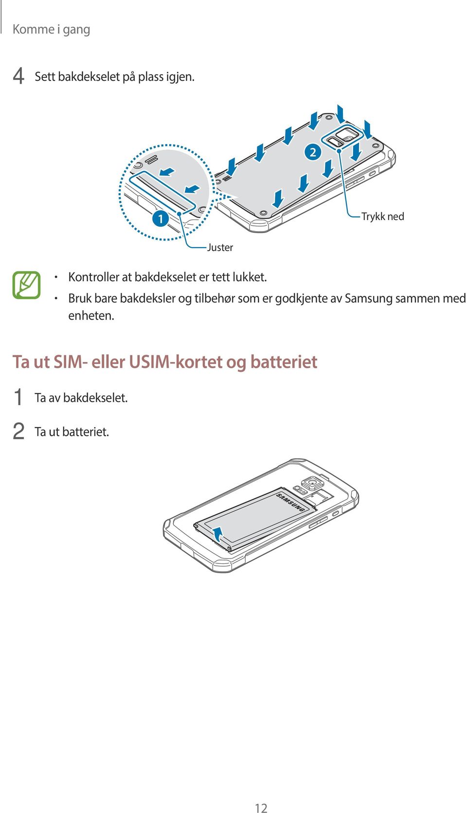 Bruk bare bakdeksler og tilbehør som er godkjente av Samsung sammen