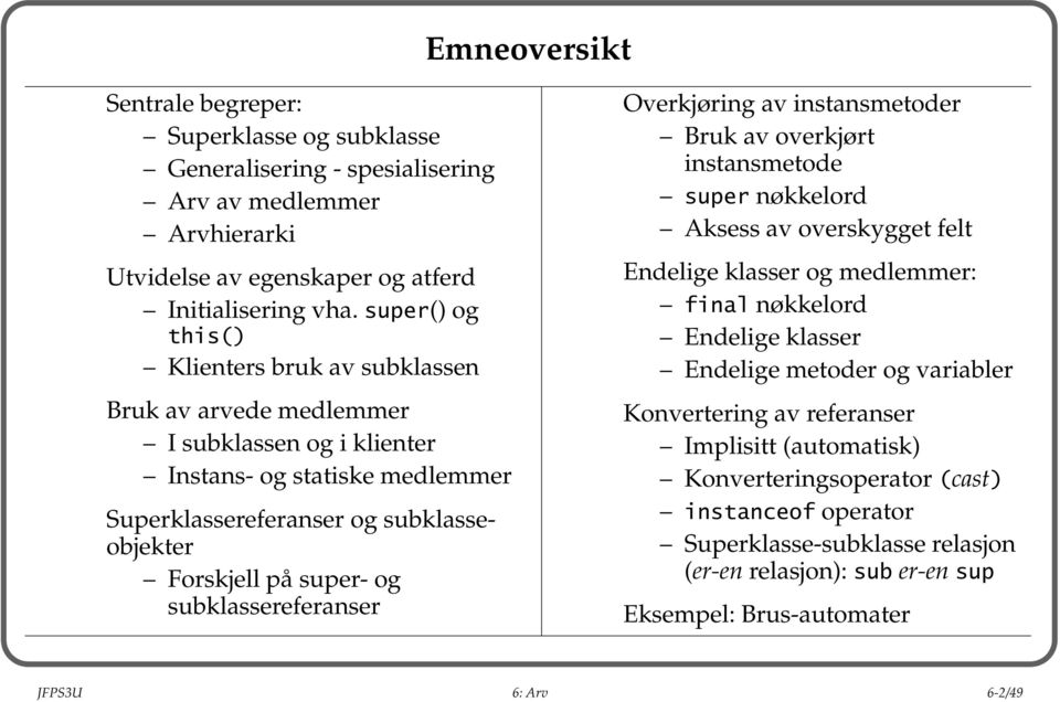 subklassereferanser Overkjøring av instansmetoder Bruk av overkjørt instansmetode super nøkkelord Aksess av overskygget felt Endelige klasser og medlemmer: final nøkkelord Endelige klasser Endelige