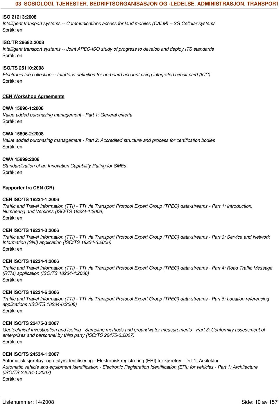 of progress to develop and deploy ITS standards ISO/TS 25110:2008 Electronic fee collection -- Interface definition for on-board account using integrated circuit card (ICC) CEN Workshop Agreements