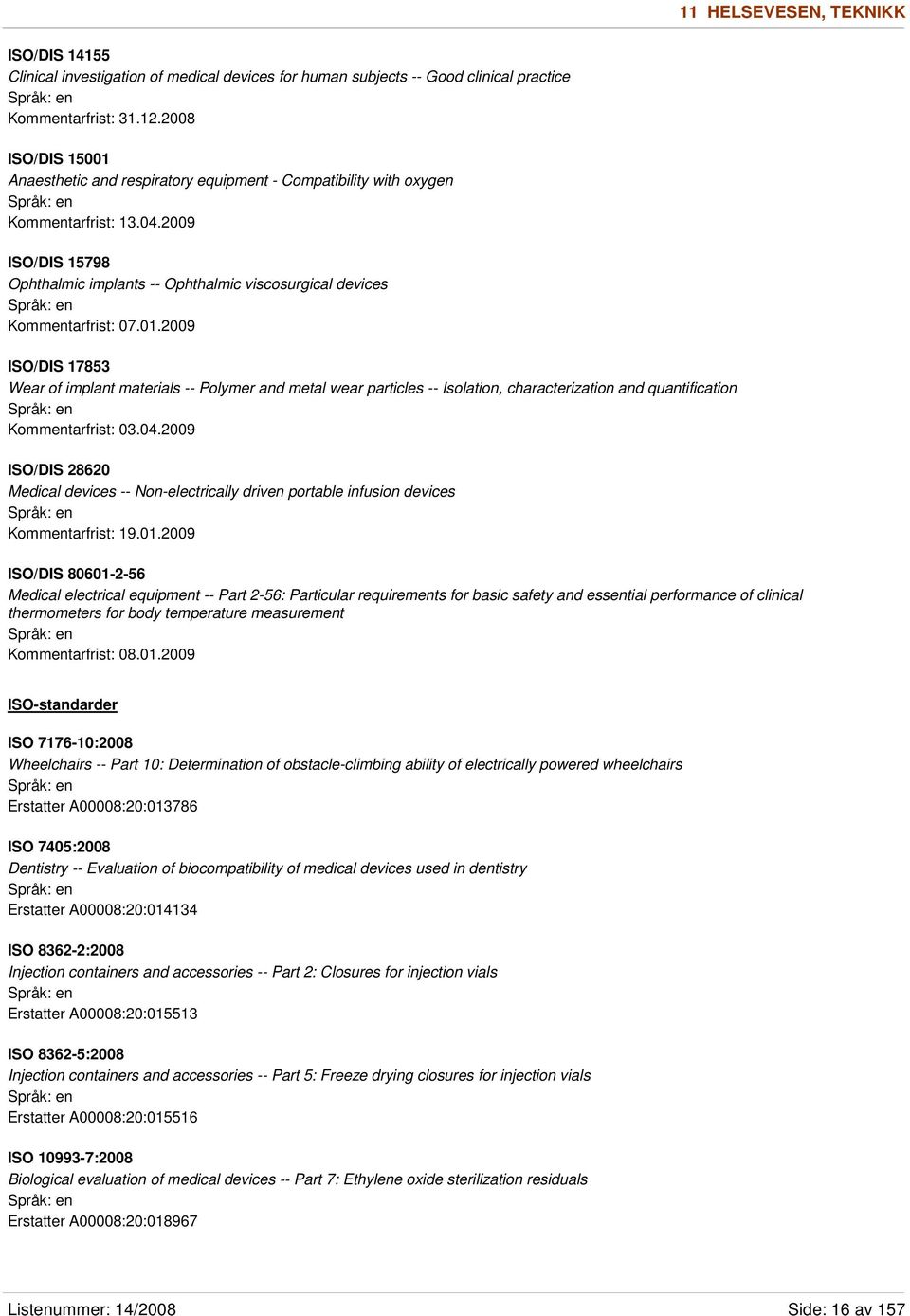 2009 ISO/DIS 15798 Ophthalmic implants -- Ophthalmic viscosurgical devices Kommentarfrist: 07.01.