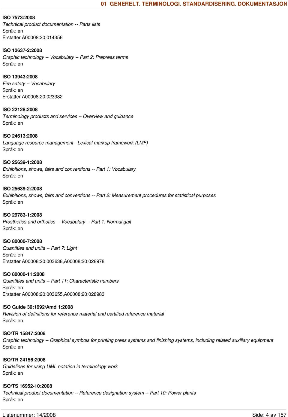 safety -- Vocabulary Erstatter A00008:20:023382 ISO 22128:2008 Terminology products and services -- Overview and guidance ISO 24613:2008 Language resource management - Lexical markup framework (LMF)