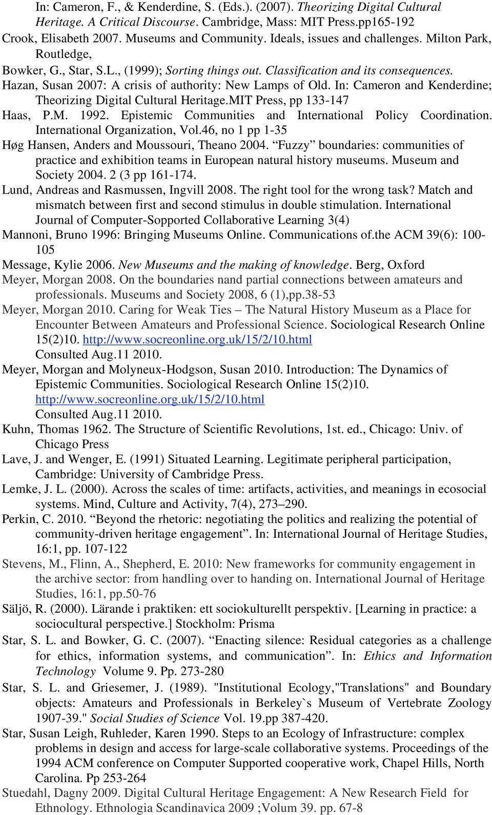 Hazan, Susan 2007: A crisis of authority: New Lamps of Old. In: Cameron and Kenderdine; Theorizing Digital Cultural Heritage.MIT Press, pp 133-147 Haas, P.M. 1992.