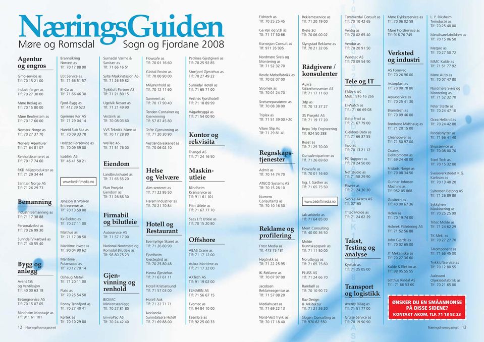 Industri Bemanning as Tlf: 71 17 38 88 Personalvekst as Tlf: 70 26 99 30 Sunndal Vikarbyrå as Tlf: 71 40 55 40 Bygg og anlegg Avant Tak og Ventilasjon Tlf: 40 00 63 18 Betongservice AS Tlf: 70 15 07