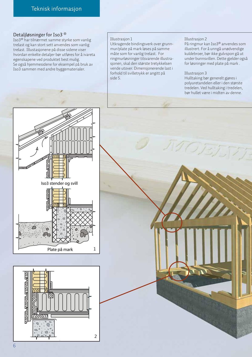 Se også hjemmesidene for eksempel på bruk av Iso3 sammen med andre byggematerialer. Illustrasjon 1 Utkragende bindingsverk over grunnmur/plate på mark løses på samme måte som for vanlig trelast.