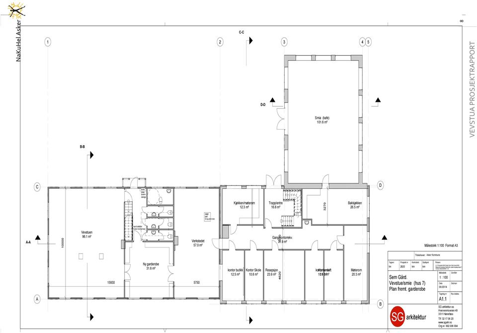 9 m² 1910 4620 3270 kontor Kontor smia drift 10.9 11.3 m² m² Bakkjøkken 26.5 m² Møterom 20.3 m² B Tegner: Prosjekt nr tm 2820 km Tiltakshaver: Asker Kommune Kontrollert Godkjent Sem Gård.