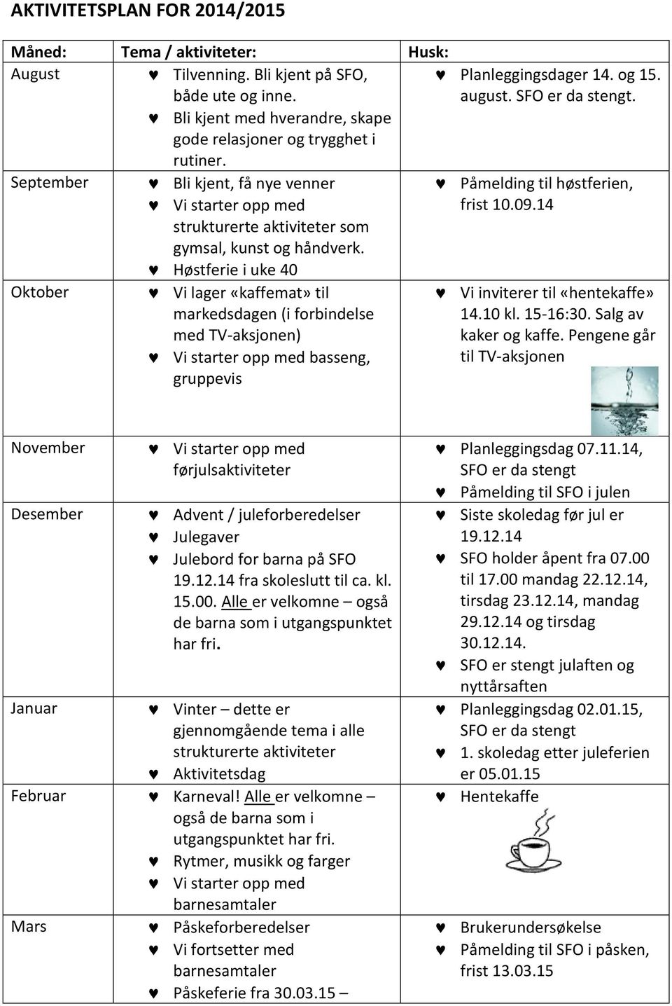 Høstferie i uke 40 Vi lager «kaffemat» til markedsdagen (i forbindelse med TV-aksjonen) Vi starter opp med basseng, gruppevis Påmelding til høstferien, frist 10.09.14 Vi inviterer til «hentekaffe» 14.