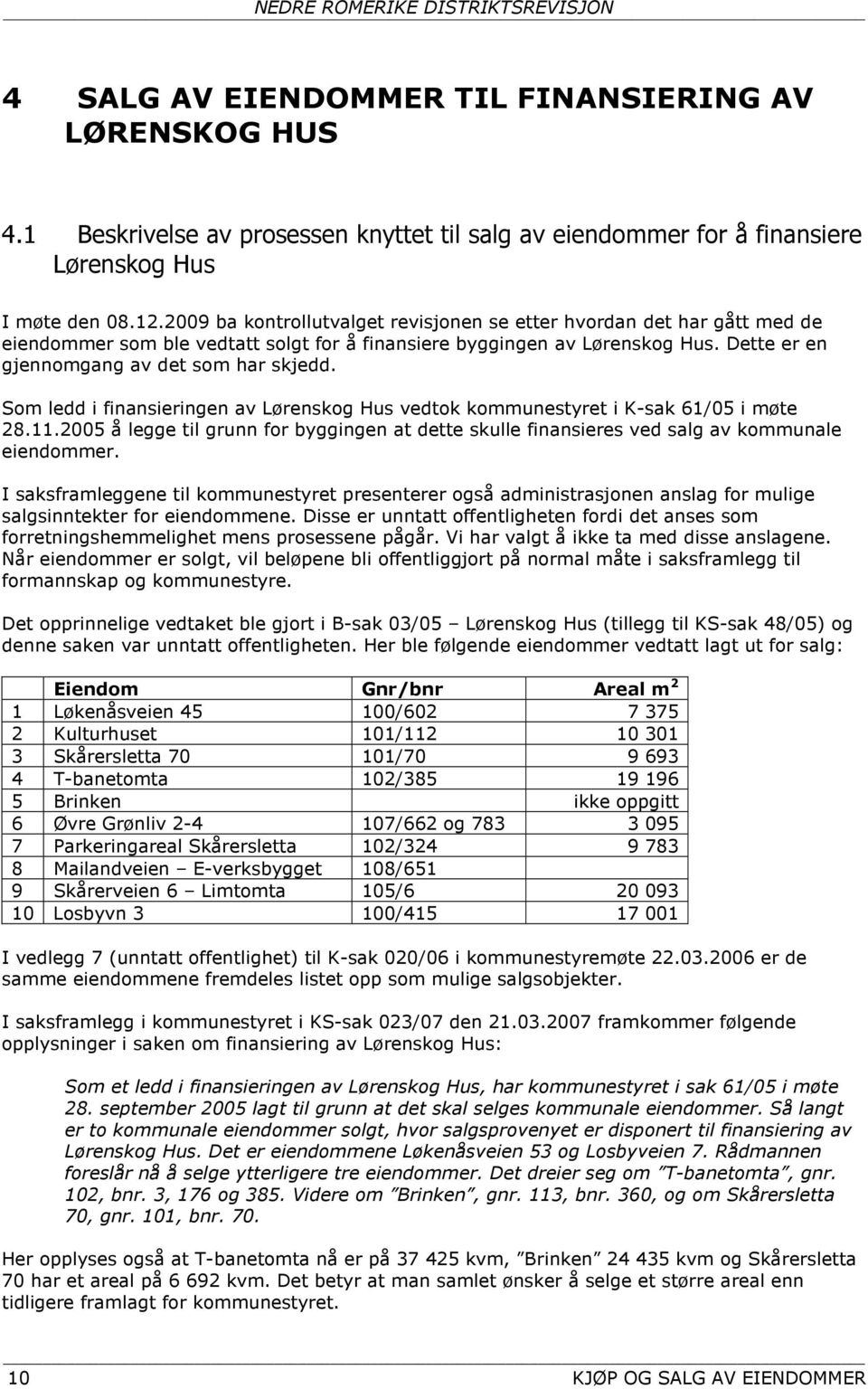 Som ledd i finansieringen av Lørenskog Hus vedtok kommunestyret i K-sak 61/05 i møte 28.11.2005 å legge til grunn for byggingen at dette skulle finansieres ved salg av kommunale eiendommer.