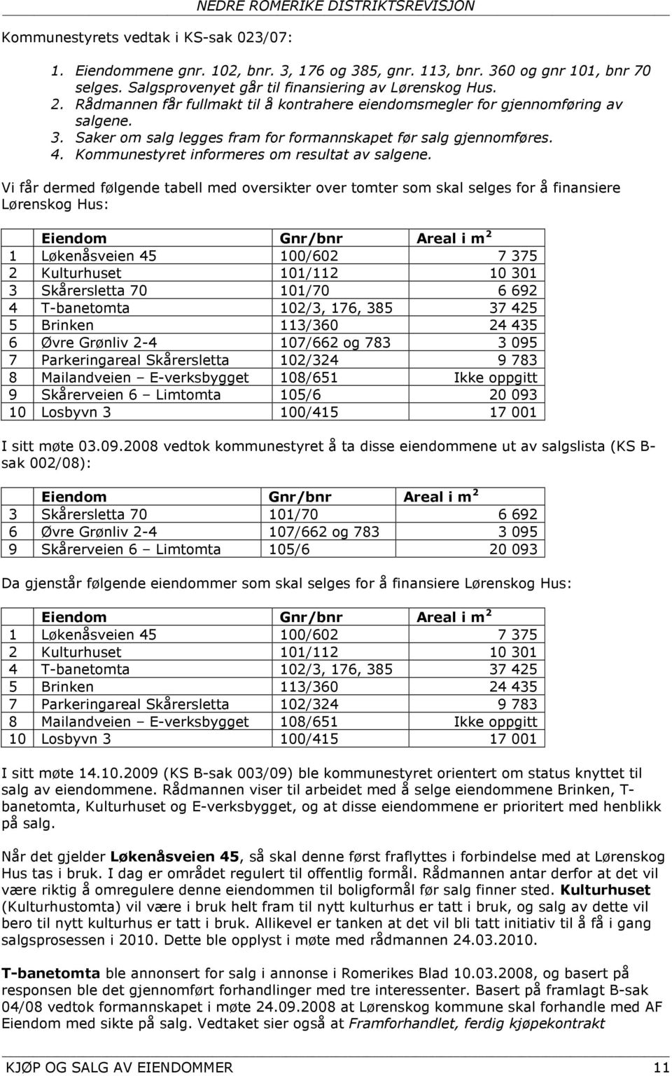 Kommunestyret informeres om resultat av salgene.