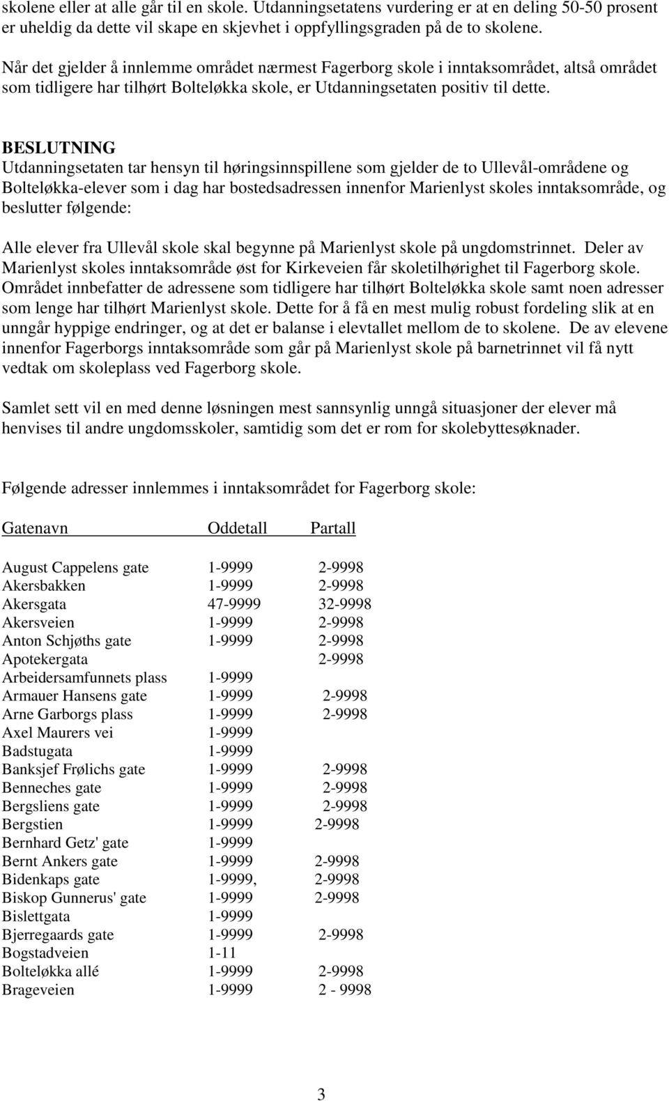 BESLUTNING Utdanningsetaten tar hensyn til høringsinnspillene som gjelder de to Ullevål-områdene og Bolteløkka-elever som i dag har bostedsadressen innenfor Marienlyst skoles inntaksområde, og