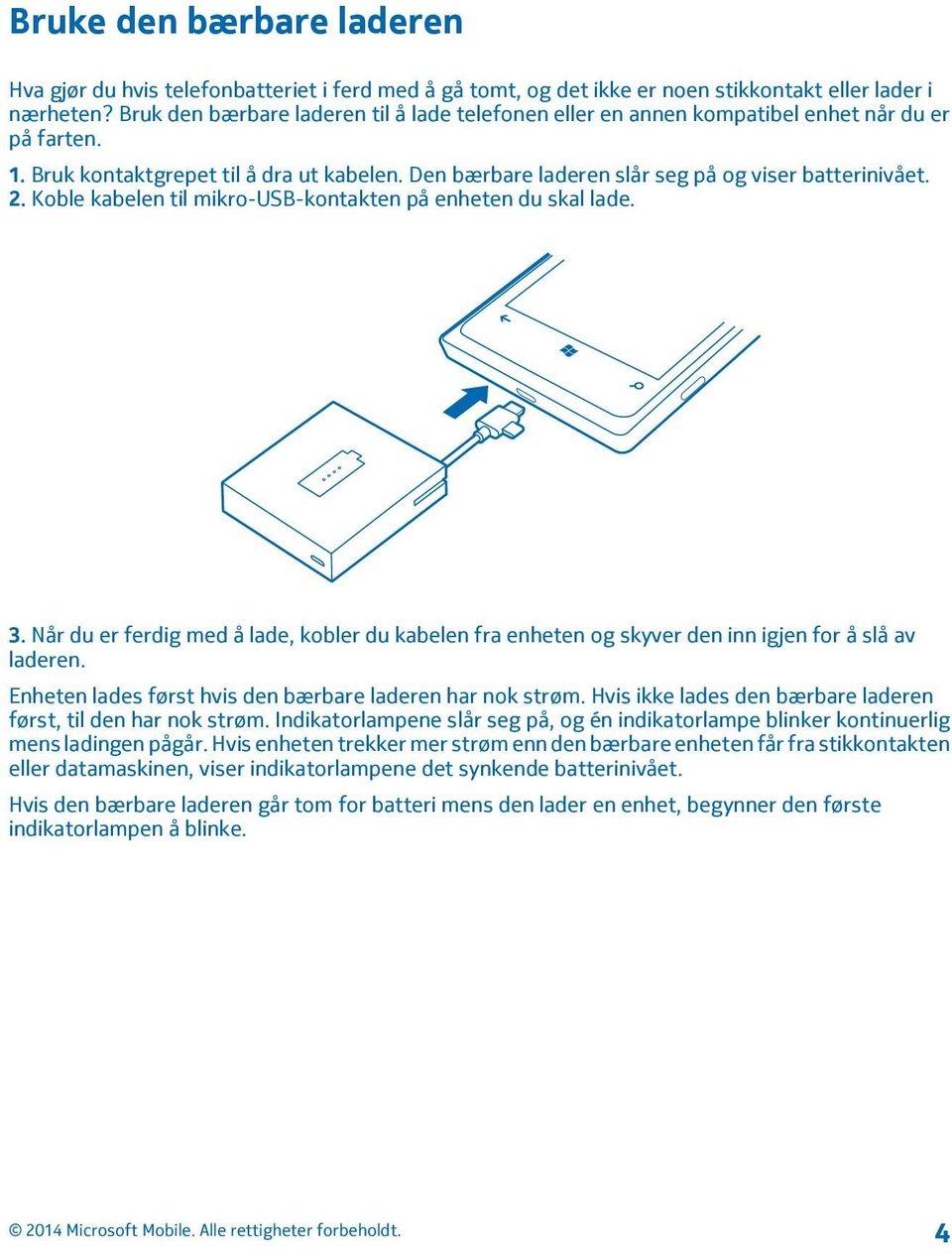 2. Koble kabelen til mikro-usb-kontakten på enheten du skal lade. 3. Når du er ferdig med å lade, kobler du kabelen fra enheten og skyver den inn igjen for å slå av laderen.