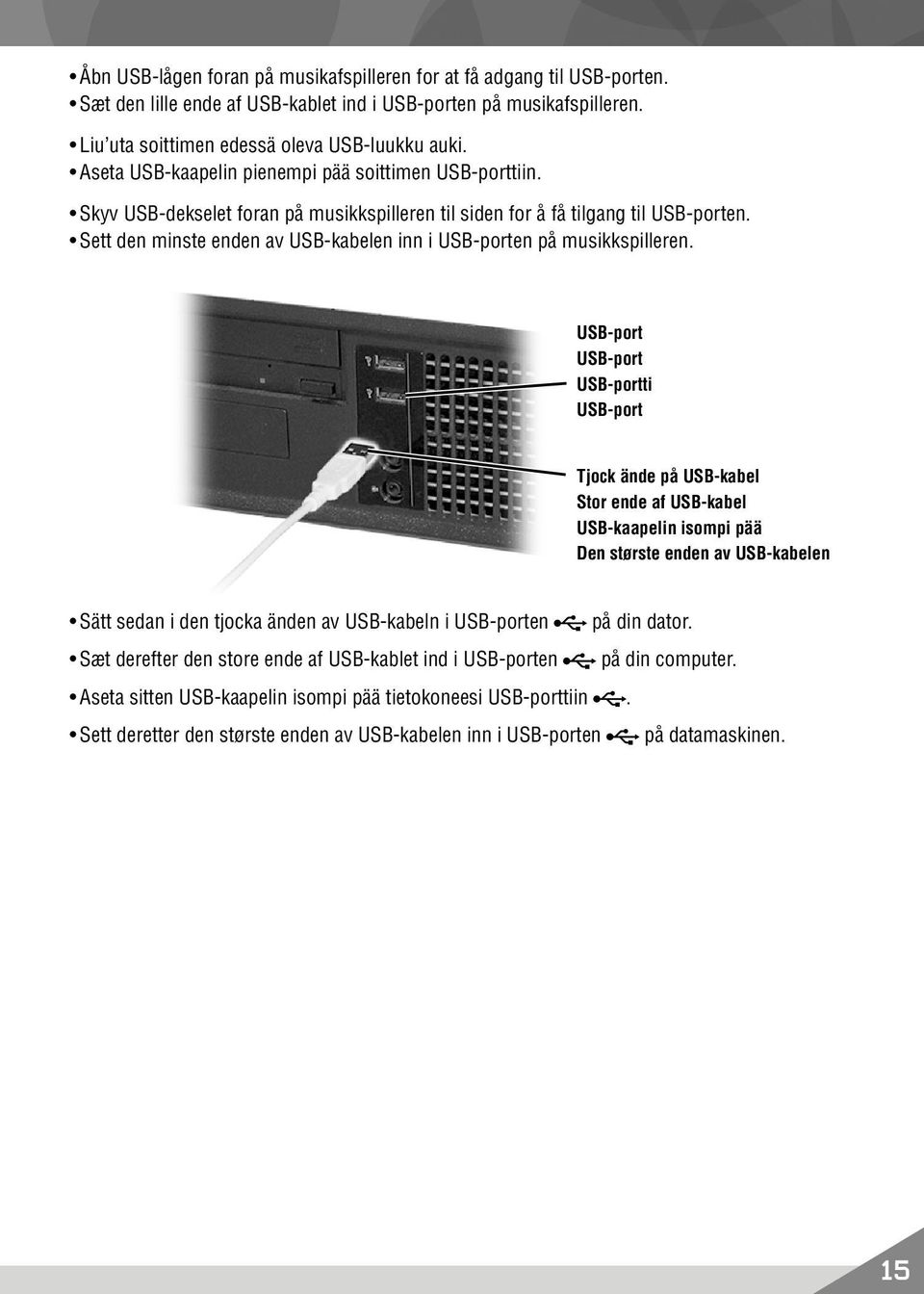 Sett den minste enden av USB-kabelen inn i USB-porten på musikkspilleren.