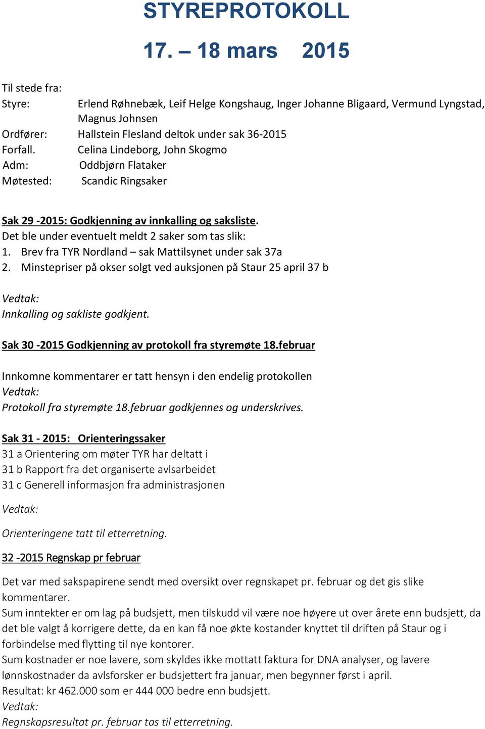 Celina Lindeborg, John Skogmo Adm: Oddbjørn Flataker Møtested: Scandic Ringsaker Sak 29-2015: Godkjenning av innkalling og saksliste. Det ble under eventuelt meldt 2 saker som tas slik: 1.