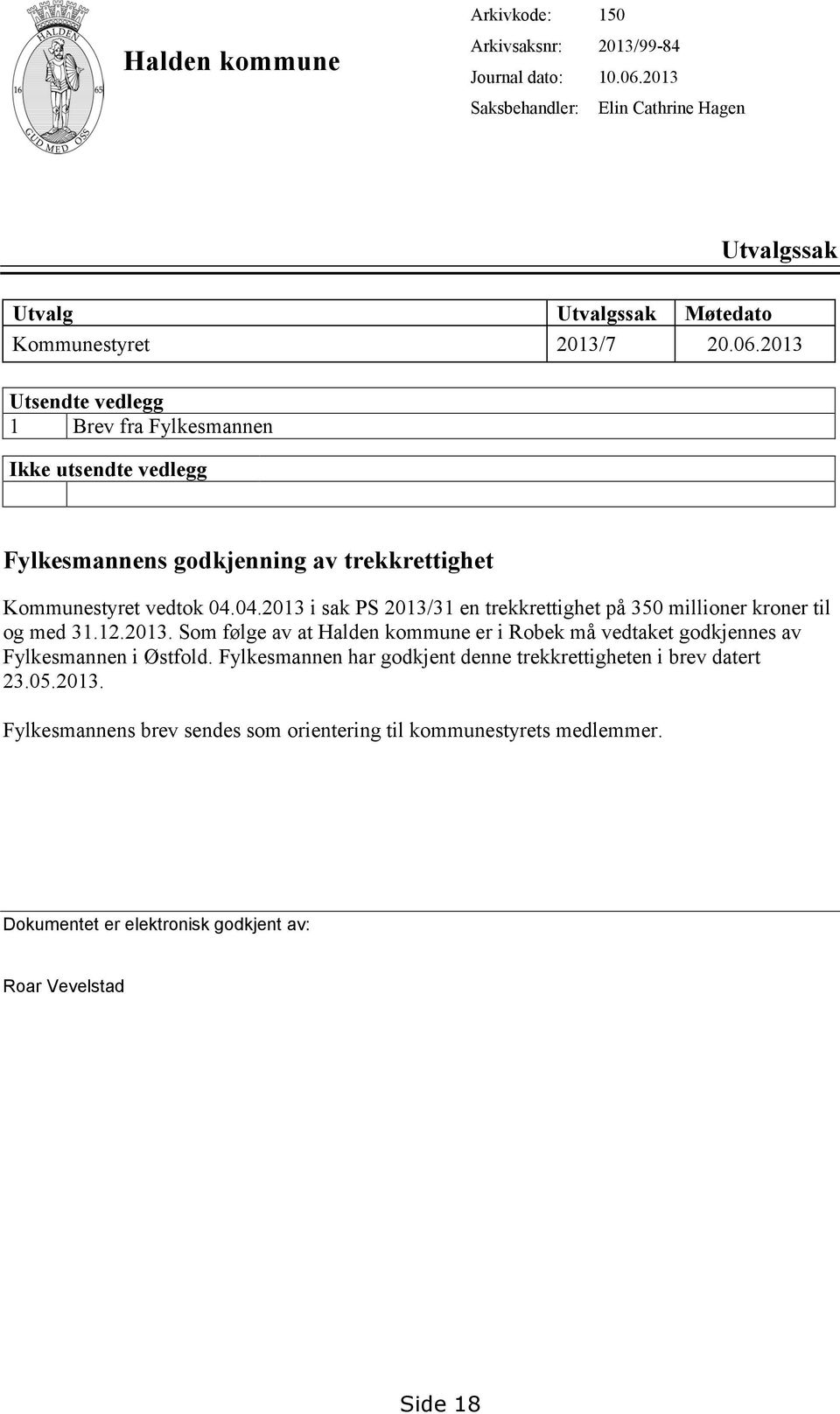 04.2013 i sak PS 2013/31 en trekkrettighet på 350 millioner kroner til og med 31.12.2013. Som følge av at Halden kommune er i Robek må vedtaket godkjennes av Fylkesmannen i Østfold.