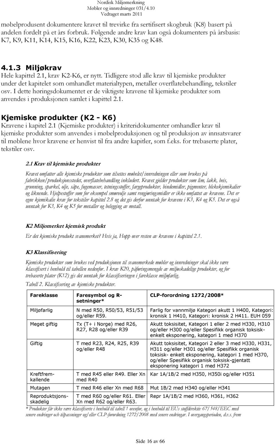 Tidligere stod alle krav til kjemiske produkter under det kapitelet som omhandlet materialtypen, metaller overflatebehandling, tekstiler osv.