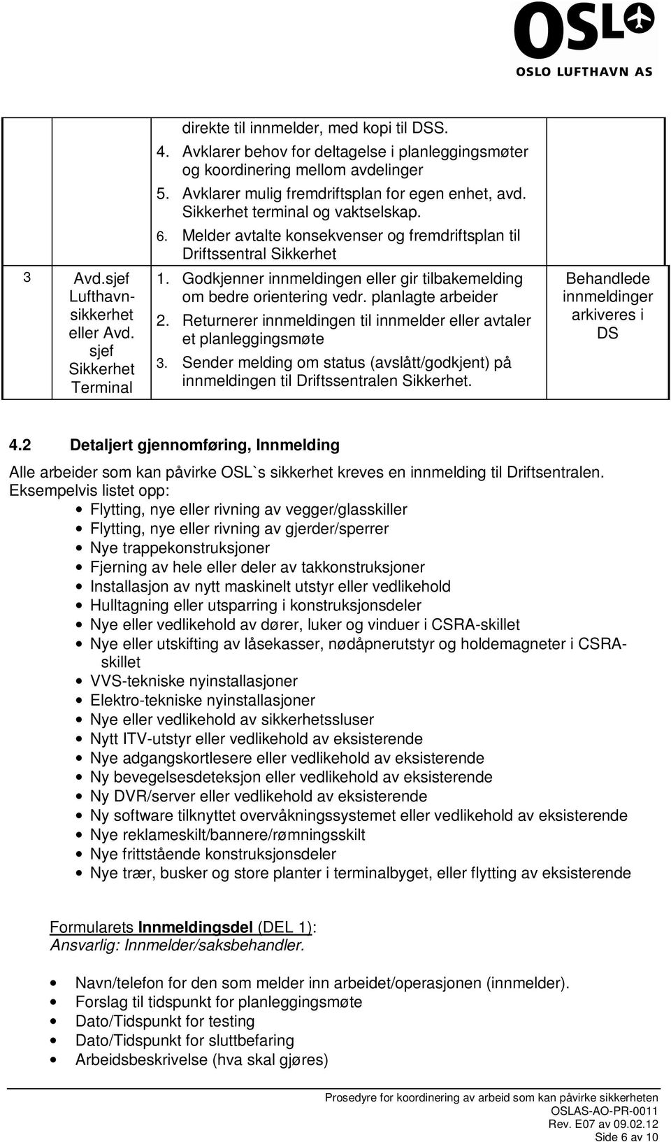 Godkjenner innmeldingen eller gir tilbakemelding om bedre orientering vedr. planlagte arbeider 2. Returnerer innmeldingen til innmelder eller avtaler et planleggingsmøte 3.