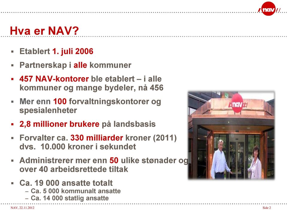 100 forvaltningskontorer og spesialenheter 2,8 millioner brukere på landsbasis Forvalter ca.