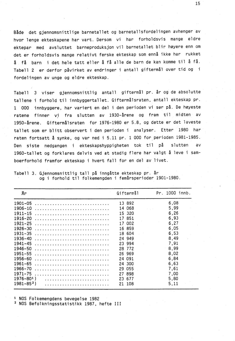 det hele tatt eller å få alle de barn de kan komme til å få. Tabell 2 er derfor påvirket av endringer i antall giftermål over tid og i fordelingen av unge og eldre ekteskap.