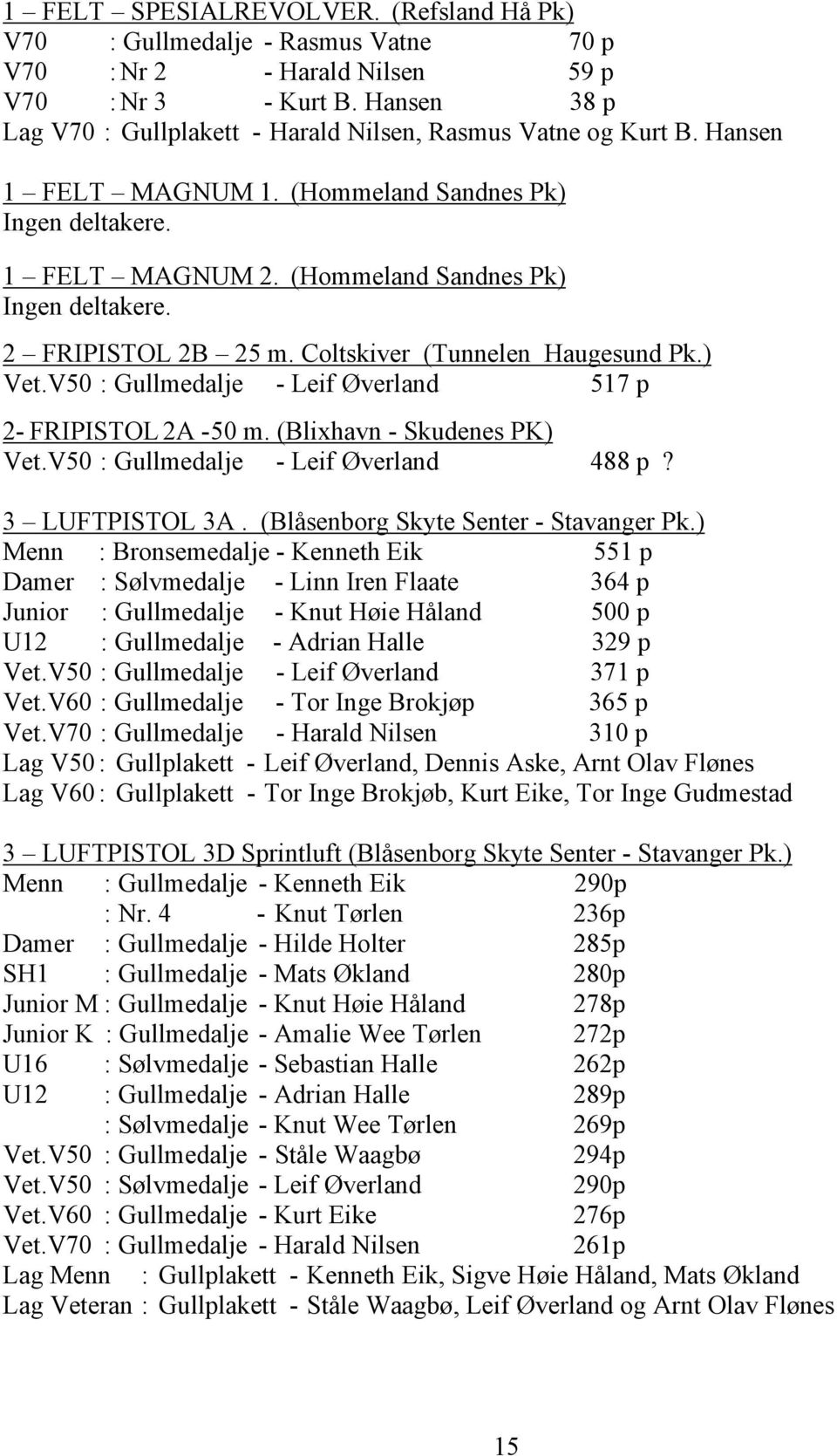 Coltskiver (Tunnelen Haugesund Pk.) Vet.V50 : Gullmedalje - Leif Øverland 517 p 2- FRIPISTOL 2A - 50 m. (Blixhavn - Skudenes PK) Vet.V50 : Gullmedalje - Leif Øverland 488 p? 3 LUFTPISTOL 3A.