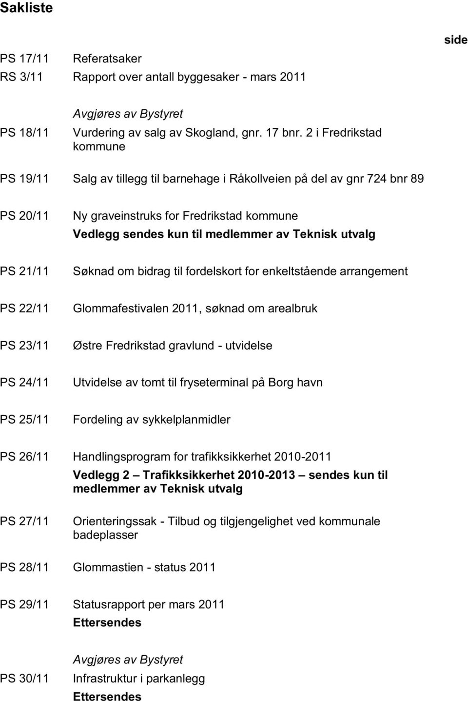 utvalg PS 21/11 Søknad om bidrag til fordelskort for enkeltstående arrangement PS 22/11 Glommafestivalen 2011, søknad om arealbruk PS 23/11 Østre Fredrikstad gravlund - utvidelse PS 24/11 Utvidelse