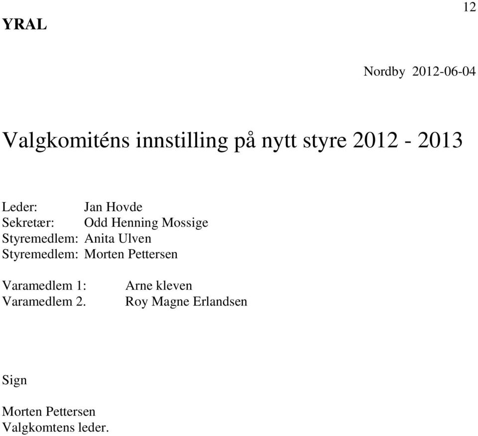 Anita Ulven Styremedlem: Morten Pettersen Varamedlem 1: Varamedlem 2.