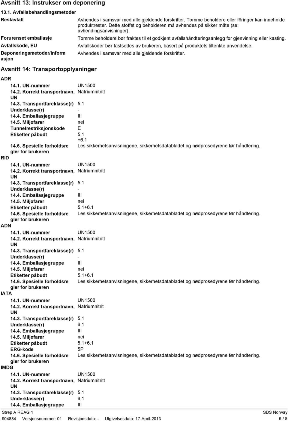 .1. Avfallsbeh andli ngsme toder Restavfall Forurenset emballasje Avfallskod e, EU Deponering smeto der/i nform asjon Avsnitt 14: Transporto pplys ninge r Avhendes i samsvar med alle gjeldende