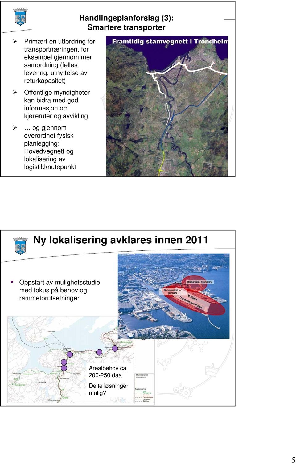 planlegging: Hovedvegnett og lokalisering av logistikknutepunkt Handlingsplanforslag (3): Smartere transporter Ny lokalisering