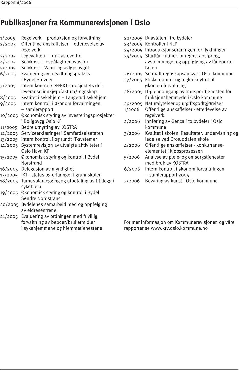 prosjektets delleveranse innkjøp/faktura/regnskap 8/2005 Kvalitet i sykehjem Langerud sykehjem 9/2005 Intern kontroll i økonomiforvaltningen samlerapport 10/2005 Økonomisk styring av