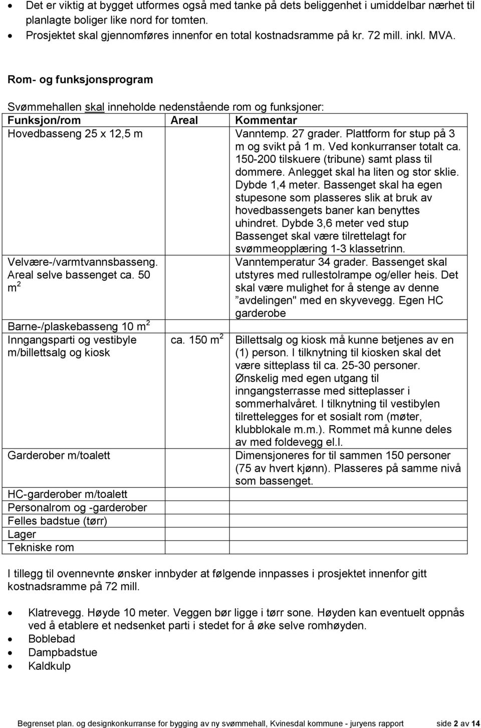 Plattform for stup på 3 m og svikt på 1 m. Ved konkurranser totalt ca. 150-200 tilskuere (tribune) samt plass til dommere. Anlegget skal ha liten og stor sklie. Dybde 1,4 meter.