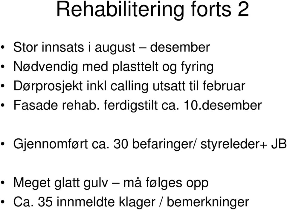 rehab. ferdigstilt ca. 10.desember Gjennomført ca.